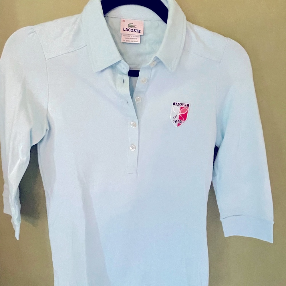 Pale aqua Lacoste cotton jersey 3/4 button up. NWT